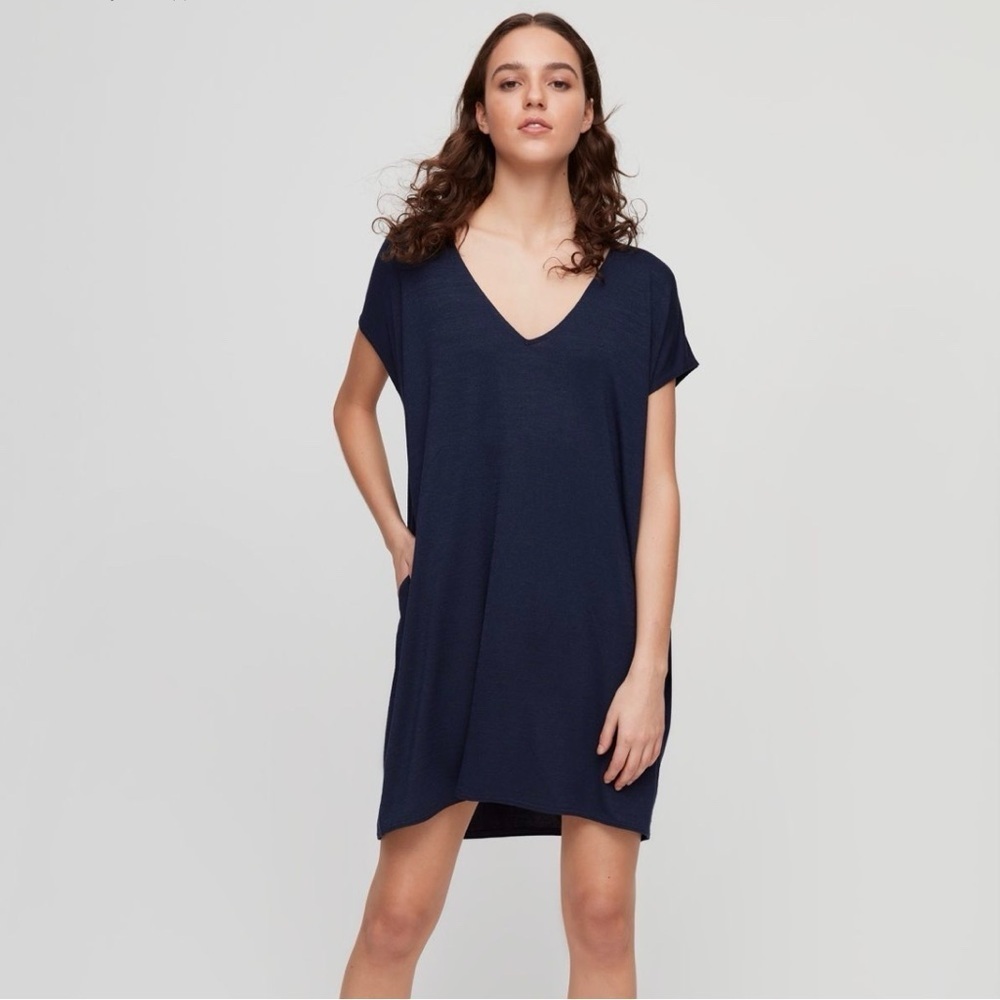 Aritzia Wilfred Free Marcoux Jersey Dress Boho Clingy V Neck Blue Green Size XS